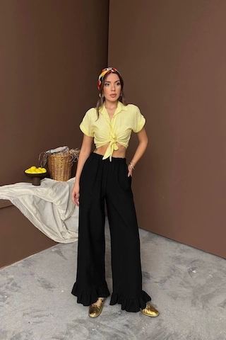 Defymoda Siyah Paçası Fırfırlı Keten Pantolon Siyah