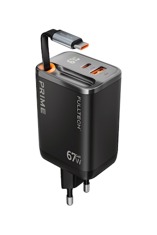 Fulltech Fc57 67w Gan Hızlı Şarj Adaptörü Dahili Geri Çekilebilir Usb-c Kablo, Usb-c + Usb-a, Lcd