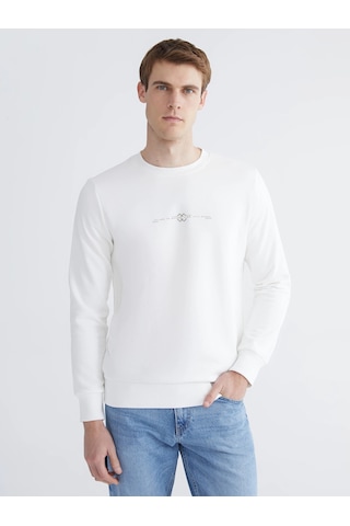 LC Waikiki Lcwaıkıkı Classic Beyaz Bisiklet Yaka Baskılı Erkek Kalın Sweatshirt Ecru