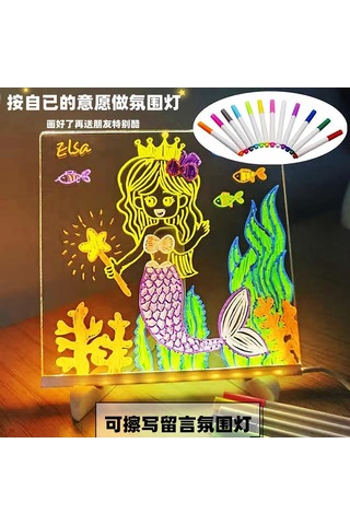 Kangvka Çocuklar İçin Taşınabilir Işıklı Akrilik Boyama Tahta, Silinebilir Yazma Paneli, 7 Renkli Kalem Ve Ayaklı 300x200x3mm Büyük Boyut J-95 Çok Renkli