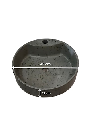 Mermer Desenli Tezgah Üstü Yuvarlak Çanak Taş Lavabo 45 Cm Musluk Delikli Gri