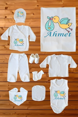 %100 Pamuk Baskılı 10 Lu Isimli Organik Bebek Hastane Çıkışı Beyaz