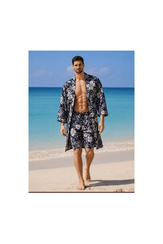Qmen Style Erkek Kimono Takımı 3 Lü Bambu Set Bornoz + Pantolon + Şort Lacivert