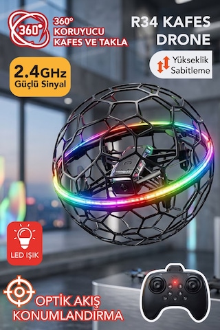 R34 360 Korumalı Futbol Top Drone Hd Kameralı Led Işıklı Yükseklik Sabitlemeli Uzaktan Kumandalı Akıllı Drone