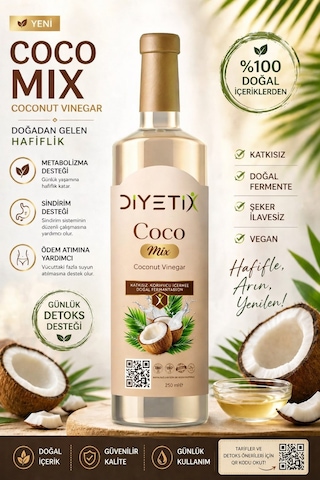 Diyetix Coco Mix -250 Ml Hindistan Cevizi Sirkesi Katkısız & Doğal Fermente Günlük Kullanım