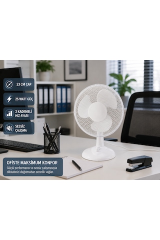 23 Cm Masaüstü Vantilatör 25 Watt 2 Kademeli Hız Ayarlı Sessiz Fan Ev & Ofis Kullanımı