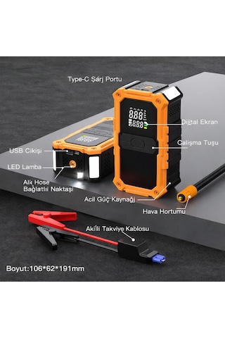24000mah Akü Takviye Ve Hava Kompresörü 2000amper 14.8v 150psı Powerbank Led 4in1 Profesyonel