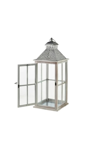 İşlemeli Metal Çatılı İthal Eskitme Ahşap Mumluk Fener 67cm Beyaz