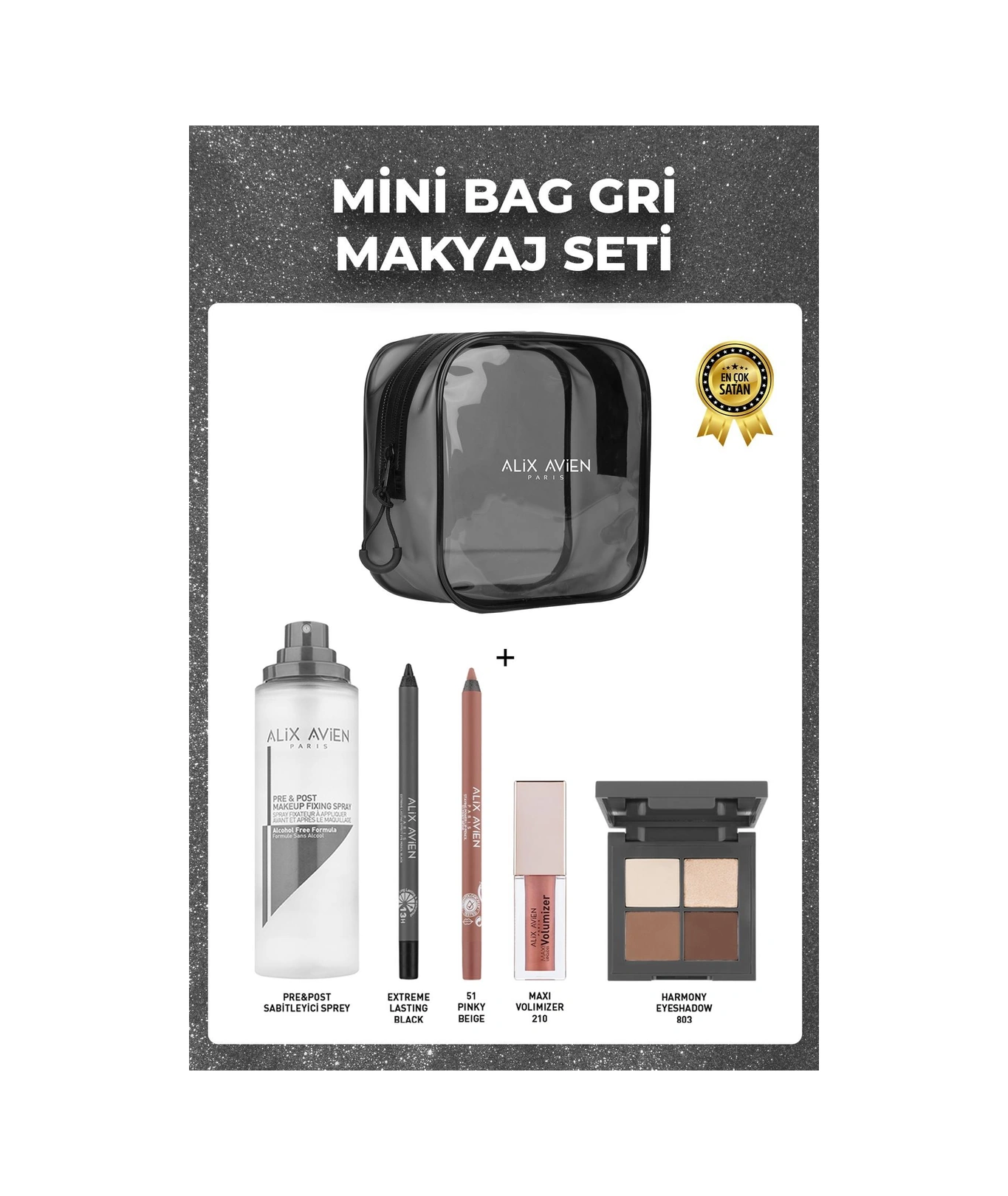 Alix Avien Uzun Süre Kalıcı Nemlendirme Işıltılı Dolgunlaştırıcı Etkili Yoğun Pigmentli Gri Çantalı Makyaj Seti