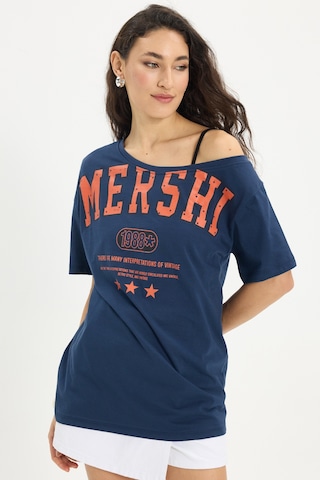 Tudors Kadın Oversize Geniş Kesim %100 Pamuk Kayık Yaka Kısa Kollu Baskılı Lacivert Tişört-50336