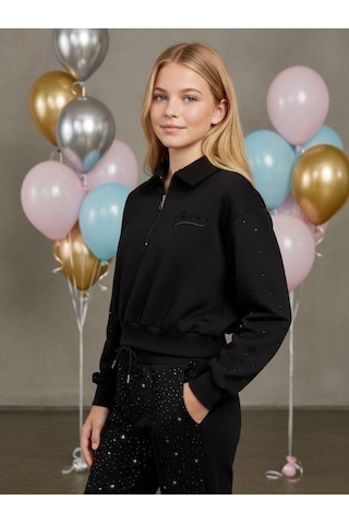 Kız Çocuk Yakası Fermuarlı Kolları Taş İşlemeli Tasarım Sweatshirt-16531 Siyah