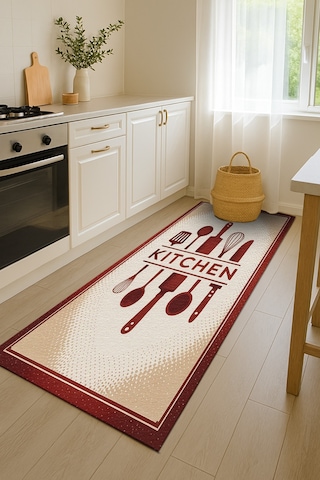 Turkıshrug Kıngdom Bordo Kitchen Yazılı Mutfak Halısı Dijital Baskılı, Kolay Temizlenir Çok Renkli