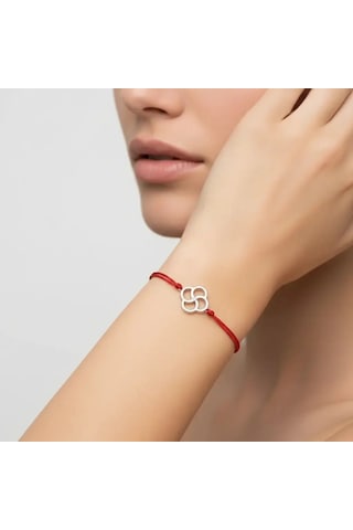 G&a Jewels - Yonca - 925 Ayar Gümüş 0.01ct Pırlanta Taşlı Kırmızı İpli Bileklik Gümüş - Kırmızı