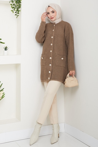 Lezgi Düğmeli Triko Hırka 1599 - Açık Kahve Sütlü Kahve