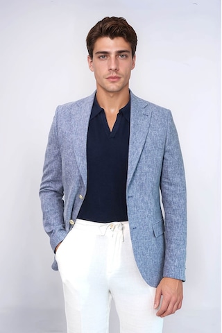 Koyu Mavi Keten Dokulu Gold Renk Metal Düğmeli Slim Fit Erkek Blazer Ceket - Wessi Navy Blue