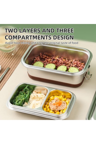 Leezsing 304 Paslanmaz Çelik Öğle Yemeği Kutusu Çift Katmanlı 3 Bölmeli 1.2l Dikdörtgen Bento Kutusu Silikon Tabanlı