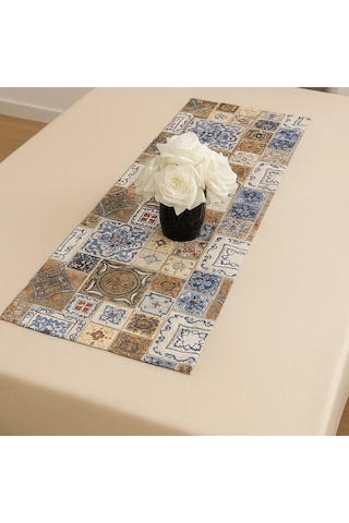 Etnik Desenli Runner, Duck Kumaş Runner, Su Ve Leke İtici Dayanıklı, Modern Tasarım 35x120 Cm Çok Renkli