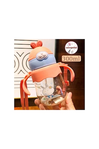 300ml Figürlü Pipeti Suluk Bebek Matara Askılı Sevimli Su Şişesi Bebek Pipetli Biberon Matara Pembe