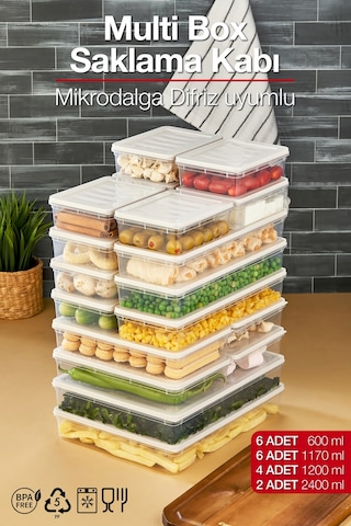 Multi Box 18parça 4 Farklı Boy Saklama Kabı Seti - Dondurucu & Mikrodalga Uyumlu Krem