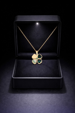 Çekirdekjewelry Zümrüt Işıltılı Dört Yaprak Yonca 925 Ayar Gümüş Kolye Sarı