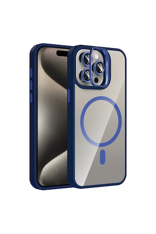 Apple Uyumlu iPhone 15 Pro Max Kılıf Standlı Ve Kamera Lens li M-safe Şarj Özellikli Zore Etro Kapak Lacivert