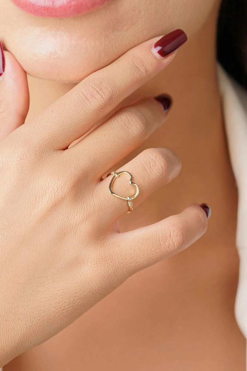 14 Ayar Altın Kalp Motifli Yüzük Pembe Altın