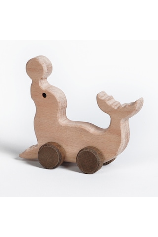 Ahşap El Yapımı Doğal Montessori Yunus Balığı Tekerlekli Oyuncak