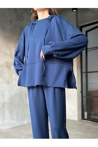 Kadın Oversize Fermuarlı Kapüşonlu Sweatshirt Pileli Paça Tesettüre Uygun Spor Şık Eşofman Takımı Lacivert