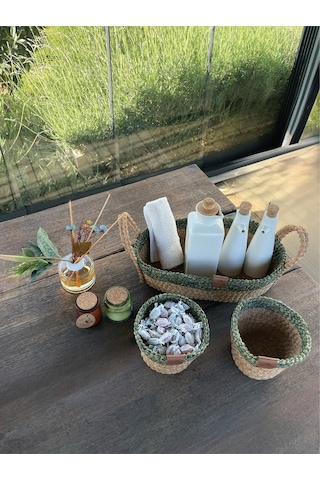 3'lü Düzenleyici Sepet Set Leke Tutmaz Yeşil-natural Natural