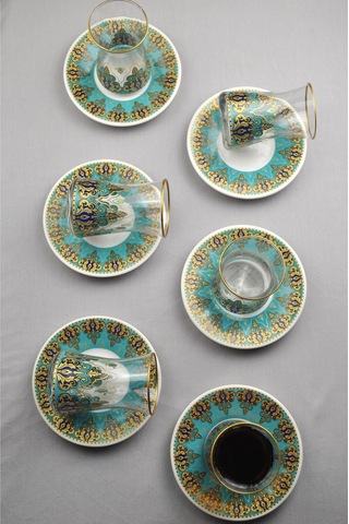 12 Parça 6 Kişilik Lüx Cam Çay Seti Gold Detaylı Altın Renk İşlemeli Lüks Çay Takımı Turkuaz