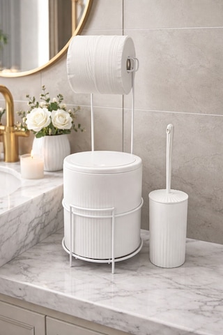 Modern Banyo Seti Kapaklı Çöp Kovası, Tuvalet Kağıtlığı Ve Wc Fırçası Minimal Tasarım Beyaz