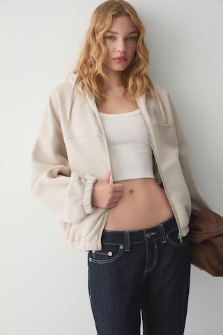 ETHIQUET VA IT Kadın Çift Cepli Eteği Ve Kol Ucu astikli Fermuarlı Oversize Taş Rengi Sweatshirt
