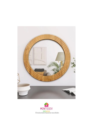Safir Ahşap Dekoratif Ayna Yuvarlak Ayna Işlemeli Ahşap Duvar Aynası - 69 Cm Ceviz
