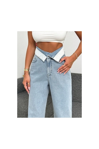 Kene Jeans Yüksek Bel Kemer Yakalı Bol Paça Jeans Mavi