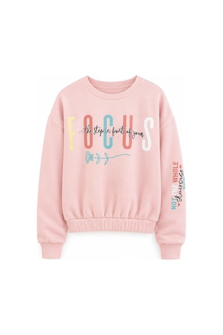 Fesshera Kids Kız Çocuk Sweatshirt Beli Lastikli Bisiklet Yaka Uzun Kollu Baskılı Kışlık Pamuklu Sweatshirt Somon