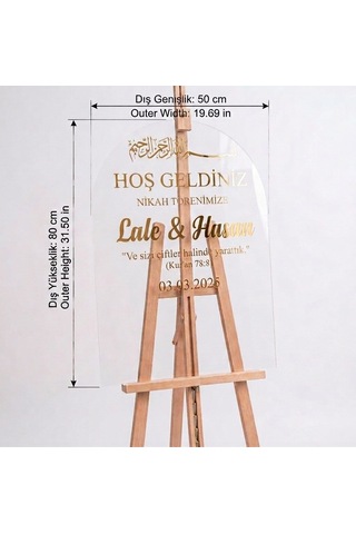 Kişiselleştirilmiş 50x80 Cm Şeffaf Pleksi Düğün Karşılama Panosu Büyük Boy - Gold Yazılı