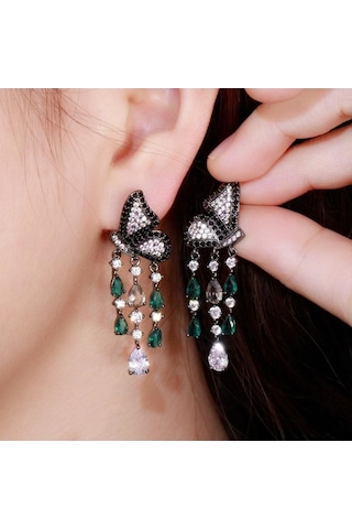 Novahub Sarı Altın Kelebek Küpe, Damla Püskül, Siyah Altın Renk, Kadın, 4.7 Cm Çok Renkli