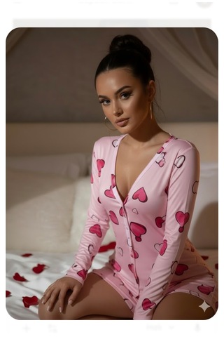 Trend Dokunuş Kadın Pamuklu Kalp Desenli Düğmeli Uzun Kollu Romantik Şortlu Gecelik Tulum Pembe