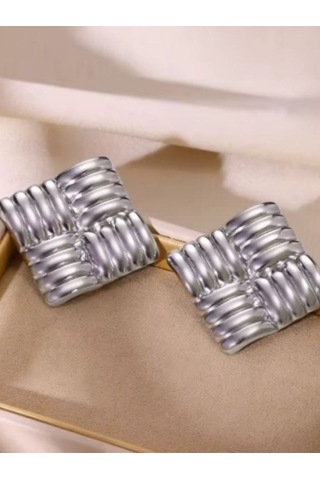 Vintage Kare Doku Geometrik Çelik Küpe Gümüş