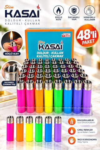 Kasai Slim 48 Li Paket Gaz Dolumlu Çakmak Renkli Doldur Kullan Taşlı Model