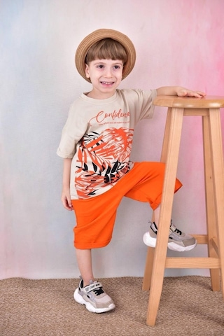 Erkek Çocuk Karışık Yaprak Desenli Kapri Takım-5882-Turuncu