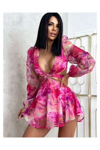 Fashion Cocktail Derin Dekolteli Bağlamalı Uzun Kollu Şirin Astırı Şortlu Bağlamalı Tulum Pembe