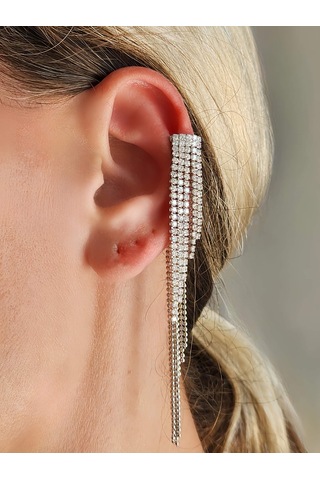 Eva Takı Store Kristal Taşlı Zincir Sallantılı Deliksiz Kıkırdak Silver Renkli Küpe Gümüş