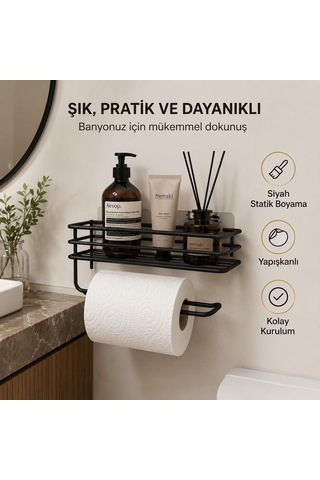 Alper Banyo Yapışkanlı Siyah Raflı Solo Havlu Askısı