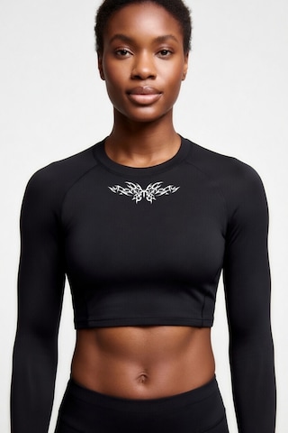Premium Gotik Model 6 Siyah Uzun Kol Compression Kadın Crop T-shirt Spor Büstiyer Bluz Yoga Pilates Siyah