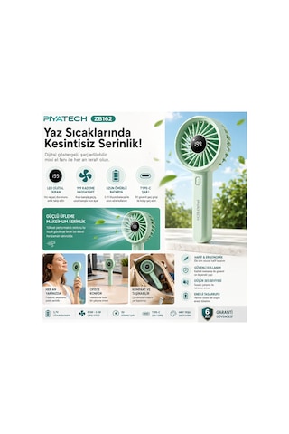 Zb162 Dijital Göstergeli Mini El Fanı Şarj Edilebilir Taşınabilir Cep Vantilatörü Mint Yeşili