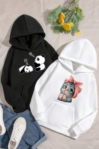 2'li Paket Baskılı Erkek - Kız Çocuk Rahat Kalıp Sweatshirt 7-8 Yaş / Siyah Siyah