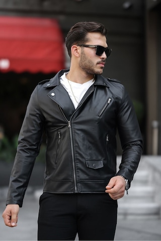 Erkek Çapraz Fermuarlı Deri Ceket Siyah