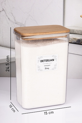 Ahşap Vakumlu Kapaklı Toz Deterjan Kutusu 3 Litre 2,5 Kg Kapasiteli Şeffaf
