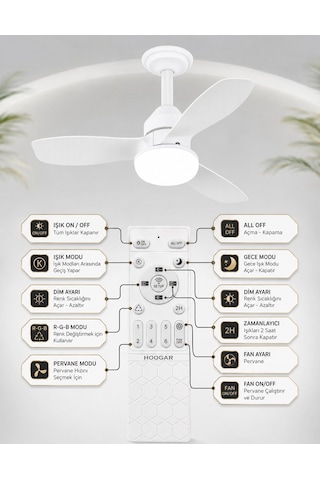 German New White Super Fan 60 Cm Kalın Kanat Dim Ayarlı Tavan Vantilatörü Rgb Led 16 Renk Sessiz Sinek Kovar